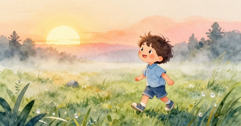 小朋友在晨霧中走過綠色草地，陽光溫暖灑落，臉上滿是期待與好奇，開始一段溫柔冒險。