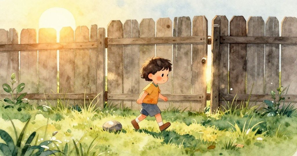 小朋友踏過濕潤草地，鞋跡留痕，遠處閃爍小石吸引注意，展現踏實探索與溫馨步伐。