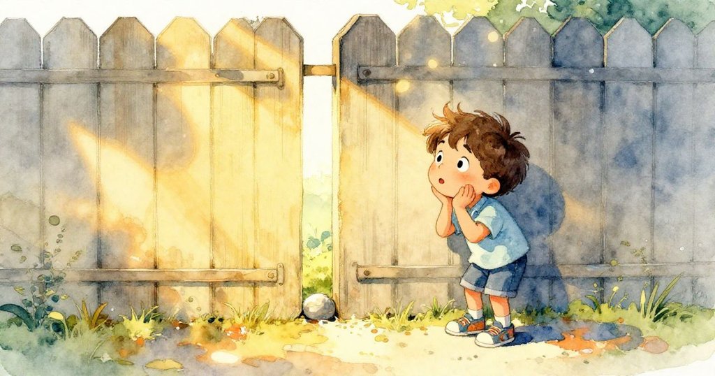 小朋友停步於高牆前，光芒從狹縫透出，凝視遠方閃亮小石，臉上寫滿好奇與期待，時光彷彿凝固。