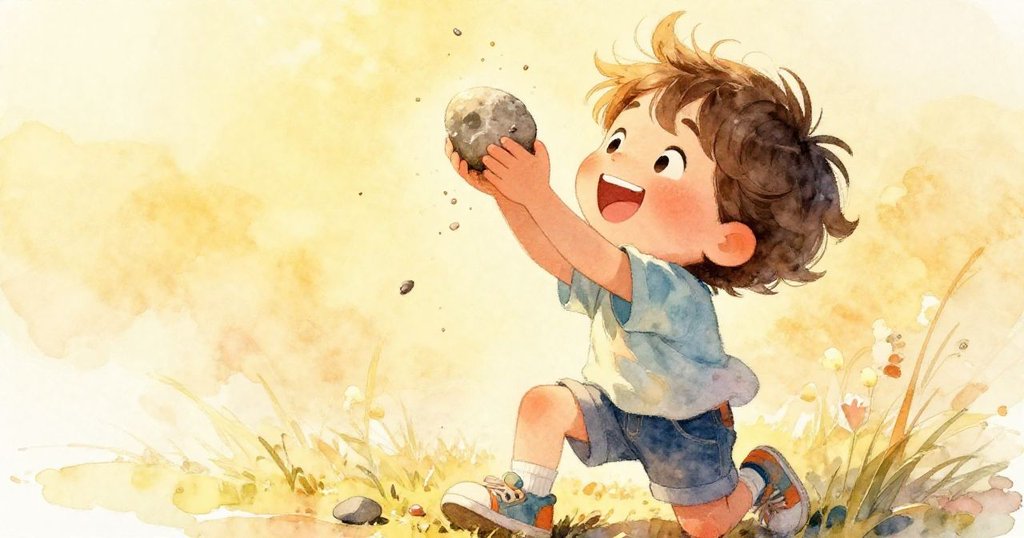 小朋友滿臉喜悅舉起閃亮小石，陽光灑下溫暖光芒，細沙飛舞見證成功與滿足，完美落幕冒險旅程。