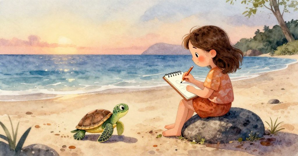 近鏡頭下,Mia細心握著鉛筆和畫本,準備畫新生海龜,感受到內心的創作熱情與期待。