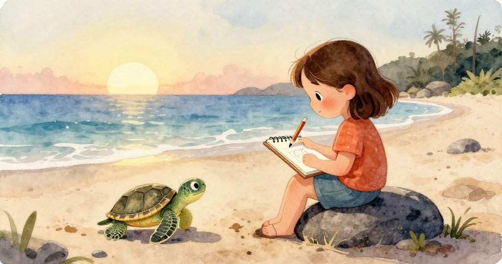 突風吹起畫本紙張,一邊是努力爬行的新生海龜,另一邊是飛舞的白紙,展現多重情景發展。