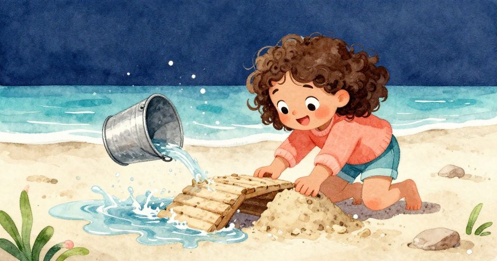 水從金屬桶傾瀉出來,Mia忙著用沙子搭建乾橋,展現出緊張與創意,重現自然微妙變化。