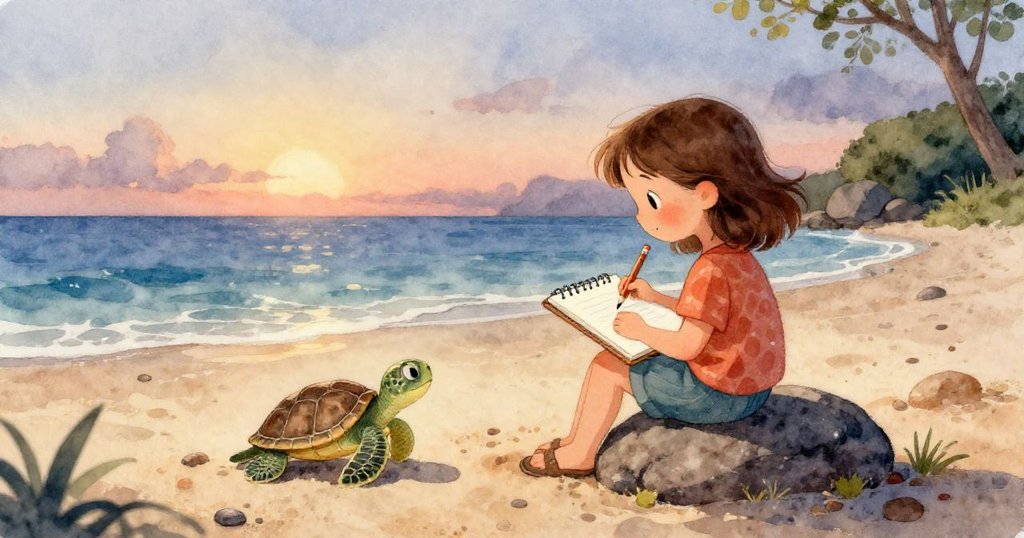 一隻麻雀從昏暗天空中落下,輕觸飛舞紙張,驚嚇了小海龜,動作急促,充滿戲劇張力與互動。