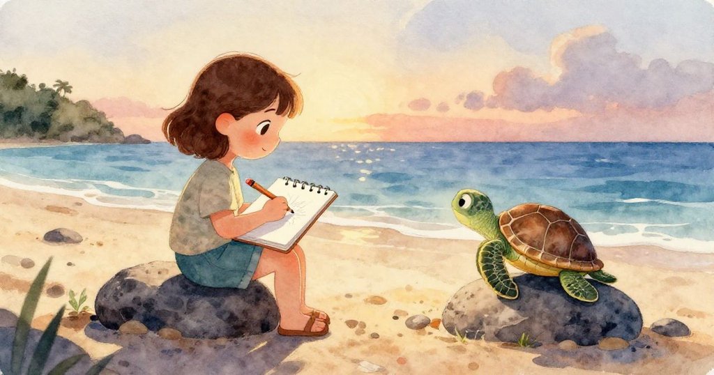 小海龜翻入波浪中消失,白色泡沫覆蓋沙橋,Mia站在背景流露沉思,場景變得寧靜又神秘。