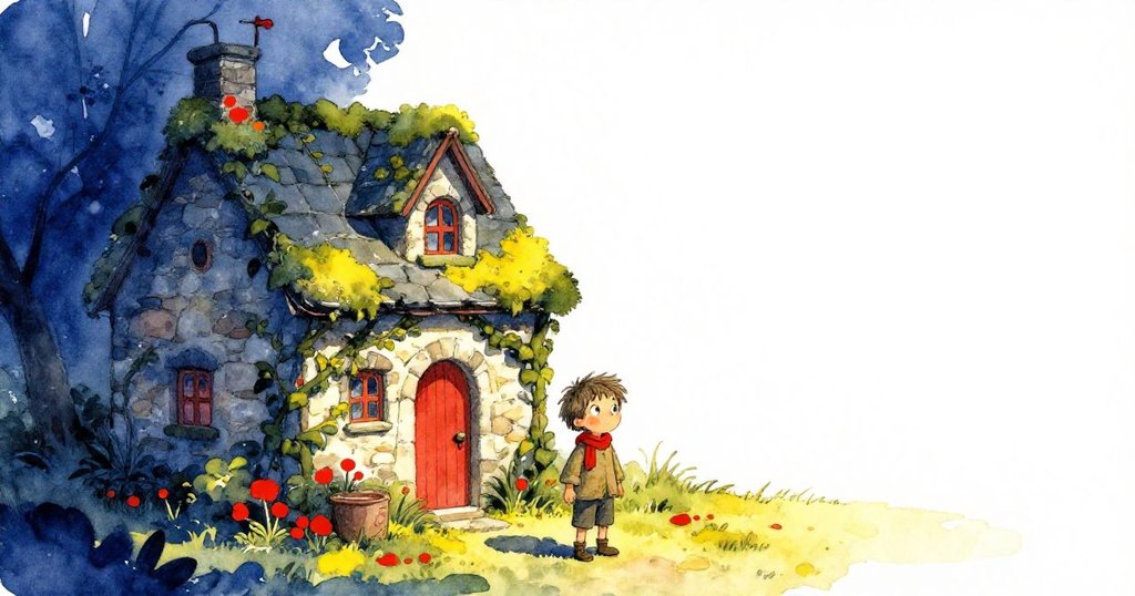 Milo站在小空地上,凝視一棟被常春藤覆蓋的石屋,石牆上覆蓋著青苔,充滿神秘與寧靜氛圍