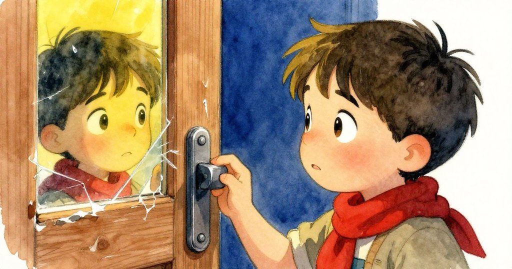 Milo專注地觸碰老舊木門的門扣,破碎的玻璃反射出他堅定的神情,背景顯示斑駁的石牆