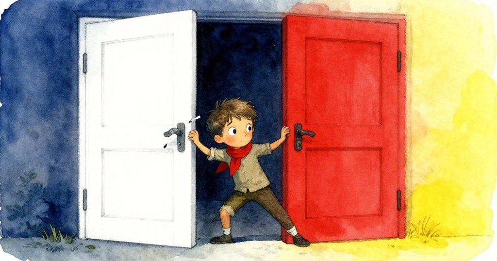 Milo用斷鐵軌撬動沉重的木門,門縫中透出外面霧光與室內暗影的對比,他表情堅定努力