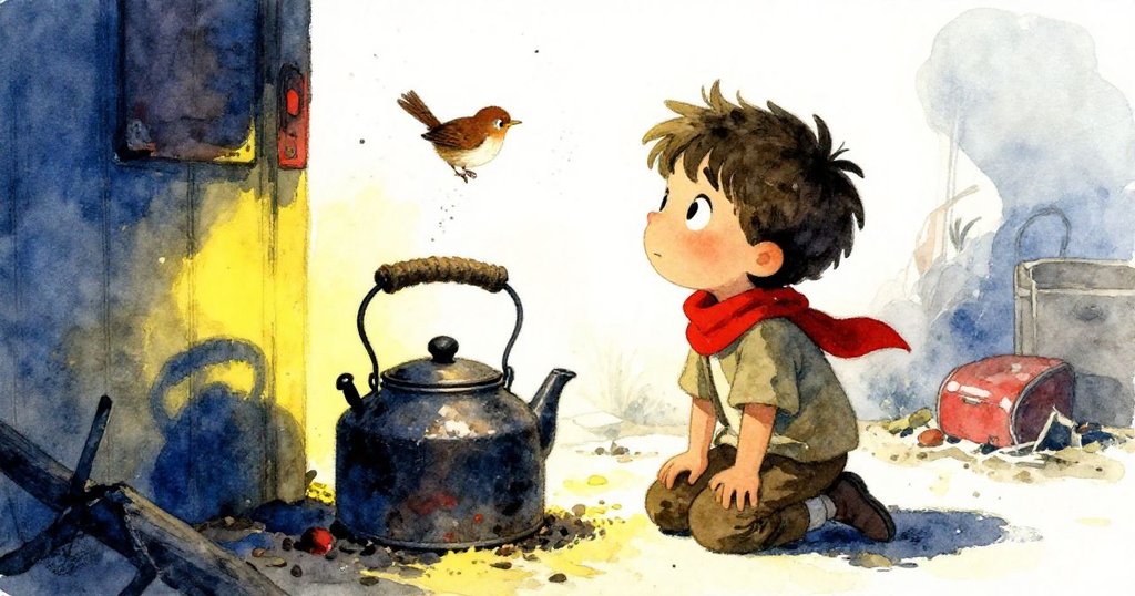 Milo在塵埃飛揚的房間跪著仔細觀察鐵製水壺,一隻褐色雀鳥突然展翅飛出,讓他充滿驚奇