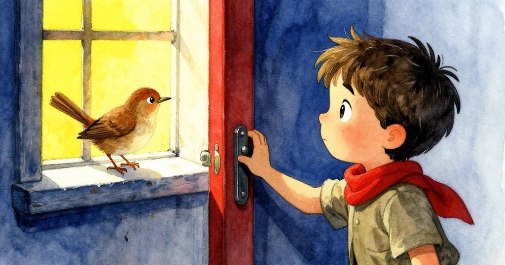 Milo小心地推動破舊木門半關,門縫中留出一道光讓小雀安坐,展現他與鳥兒之間溫柔告別的瞬間