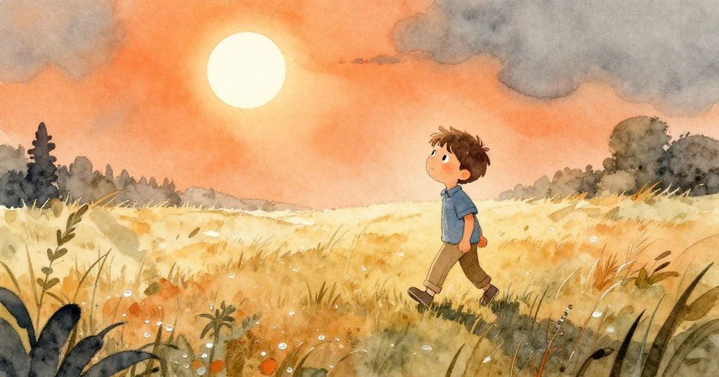 Milo踏過晨霧草地，充滿驚奇與堅定神情，背景日食微光與長影呈現故事開端。