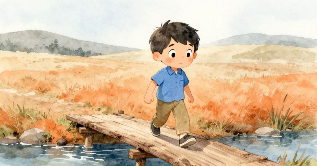 Milo踏上古樸木橋，空曠背景襯托出好奇與期待的神情，展現冒險起步。