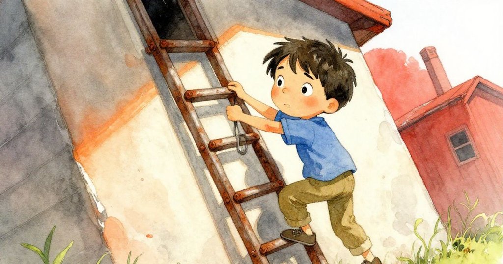 Milo拉扯破舊狹窄的梯子，專注與堅毅表情在扭曲視角下展現出挑戰困難。