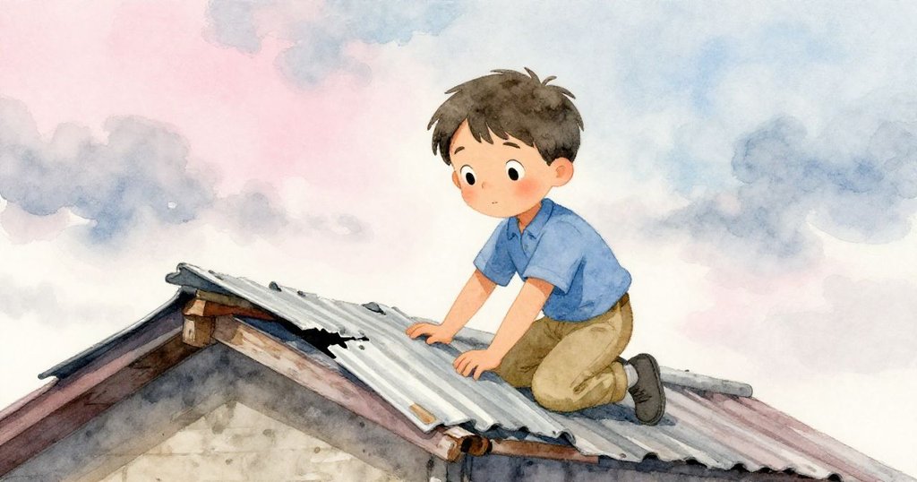 Milo跪在老舊屋頂上，小心利用破木樑穩住下垂鐵皮，展現轉折過程與靜謐氛圍。