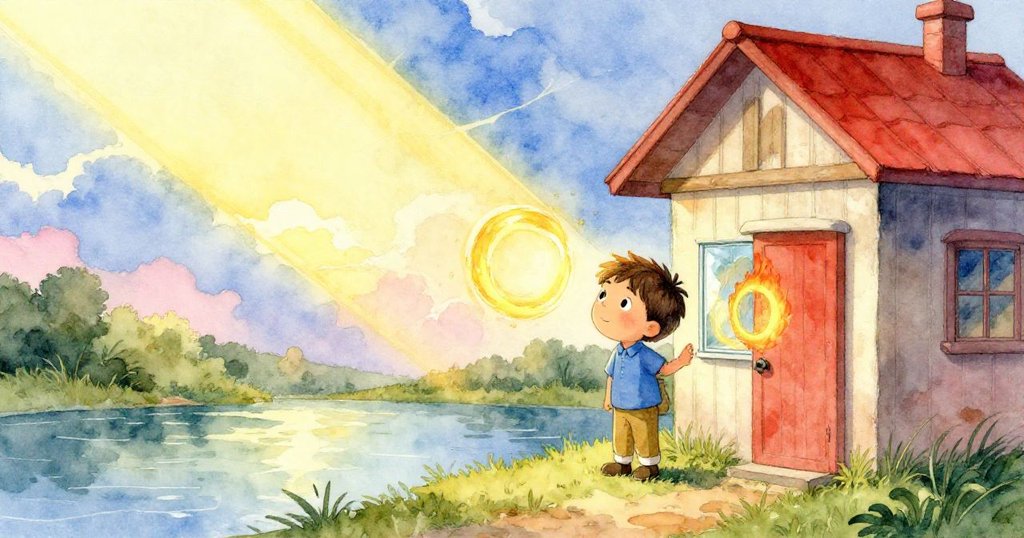 Milo在寧靜池塘邊觀察玻璃盤中映出的火圈奇景，小小身影映襯廣闊景致，故事完美收尾。