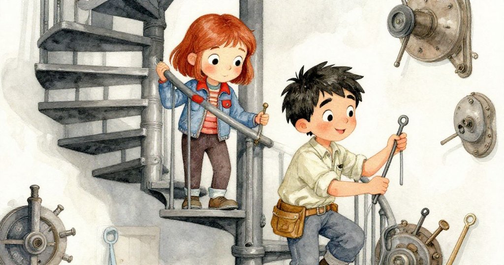 哈瑞特與米洛沿著狹窄螺旋階梯攀登,背景充滿古舊機械與空白空間,兩人專注投入修理工作。