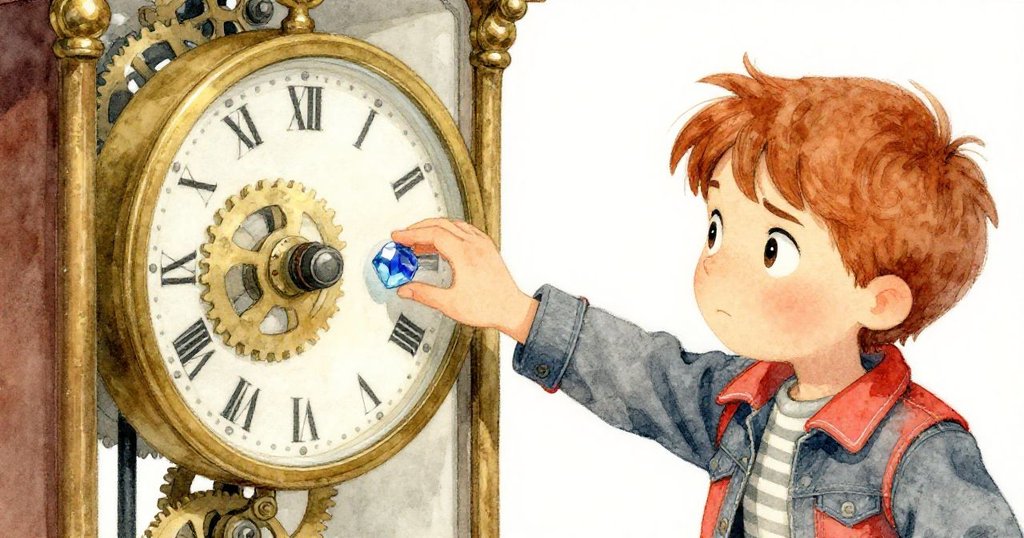 哈瑞特在狹小機房中專注凝視古老鐘擺,透過玻璃網格伸手觸摸閃著藍光的藍寶石碎片,充滿決心。