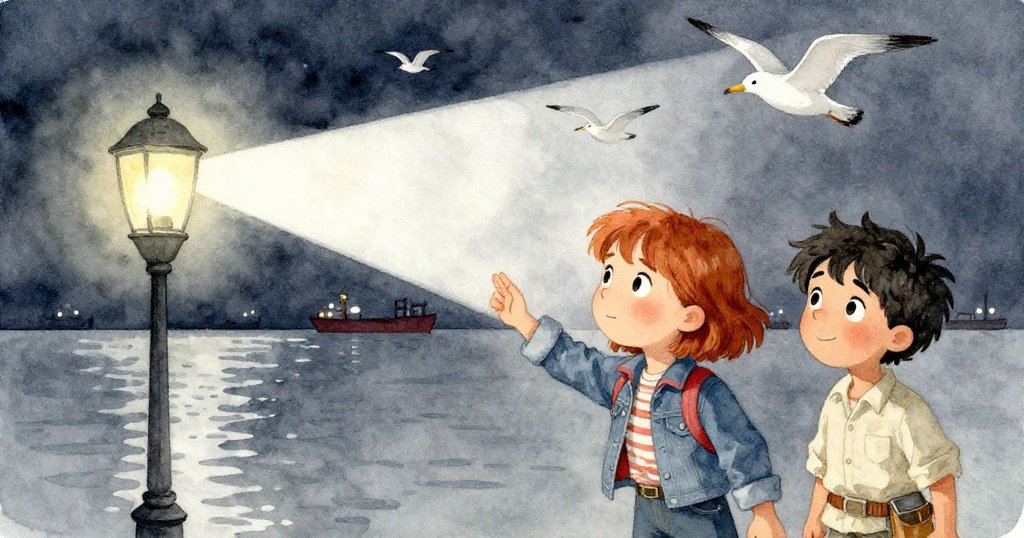 夜晚海面上,燈籠恢復均勻光芒投射開闊海域,海鷗掠空,遠處貨船隨光節奏調整方向,展現自然和諧。