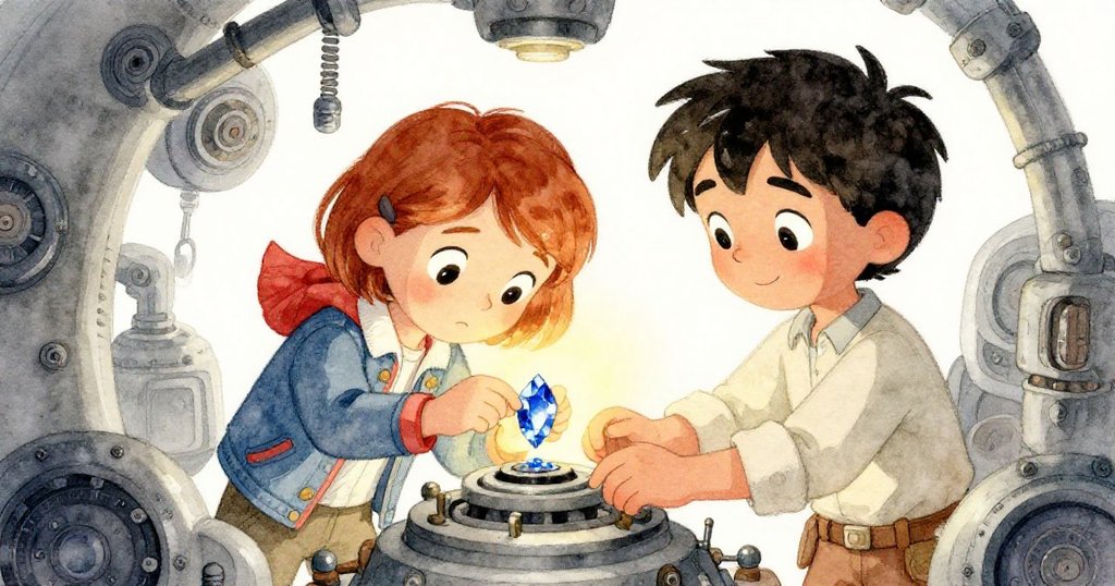 哈瑞特與米洛在狹小機房內密切協作,哈瑞特小心取出夾於齒輪間的藍寶石碎片,肩並肩流露出希望與默契。