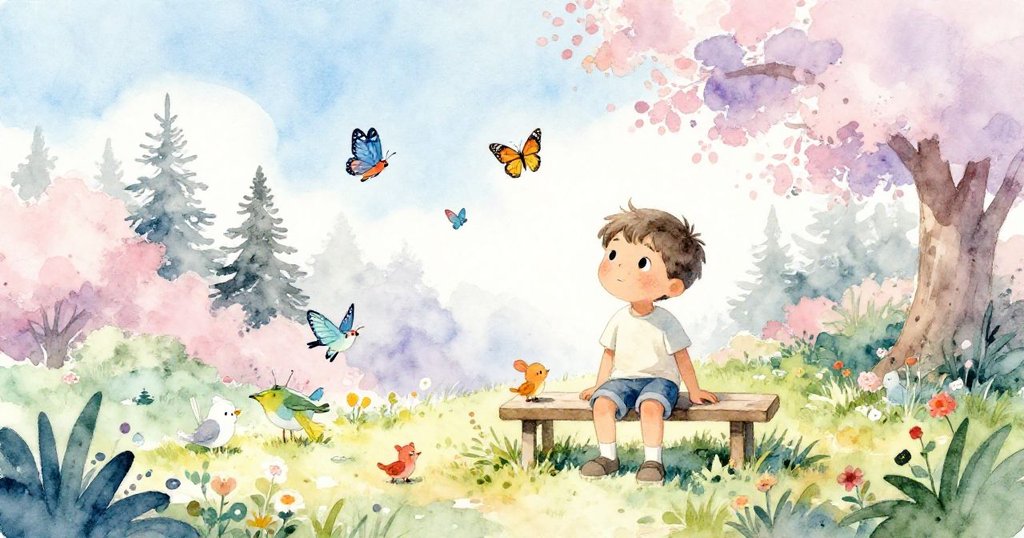 Niko坐在庭院中準備創作，周圍有鳥和蝴蝶，臉上充滿期待和喜悅，晨光灑落花園。