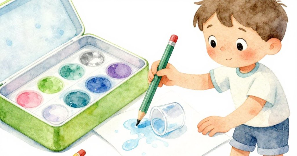 Niko近距離拿取綠色鉛筆，水杯被觸碰倒下水珠飛濺，表情驚訝，展現創作與意外交織的瞬間。