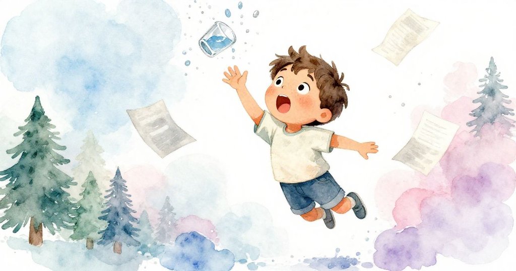 Niko低角度向上跳躍試圖抓住飛舞濕紙，臉上滿是驚訝，背景有傾斜水杯和柔和光線。