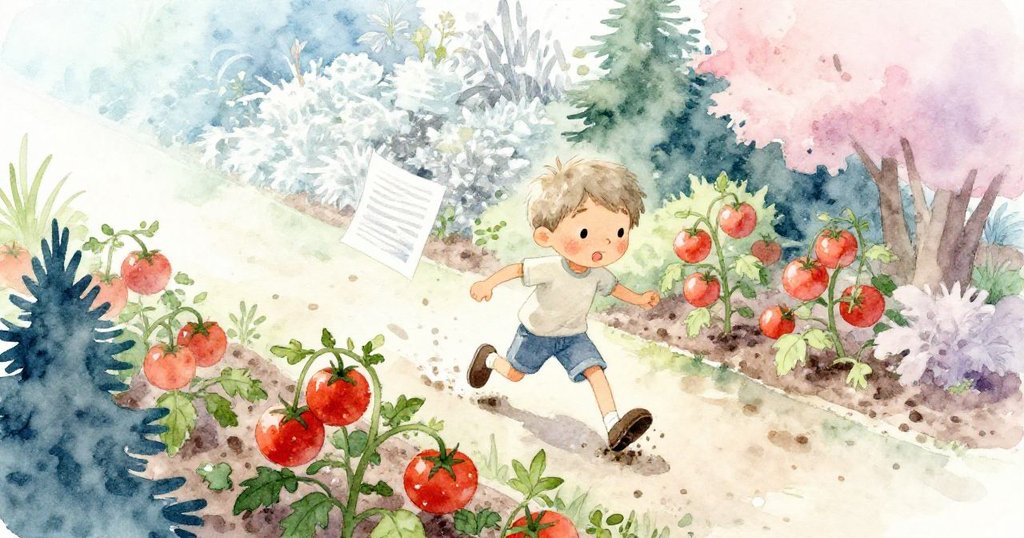 從高處俯瞰庭院中Niko追逐飄動濕紙，番茄莖和泥濘鞋子清晰可見，展現自然細膩美感。