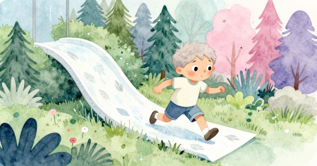 Niko在濃密草叢中急速追趕印有葉脈的紙張，臉上充滿決心和緊迫感，展現追逐動態。