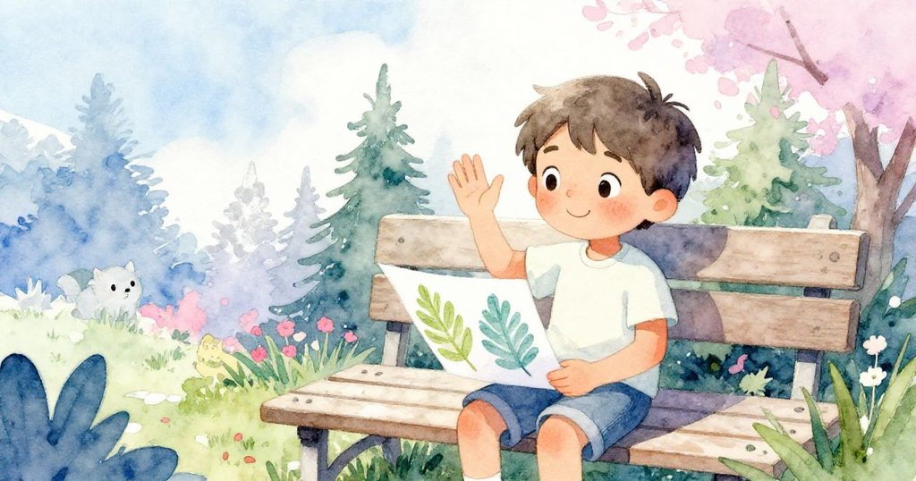 Niko坐在庭院長椅上，手中有完成的葉痕紙，面帶滿足微笑，溫柔揮手告別創作旅程。