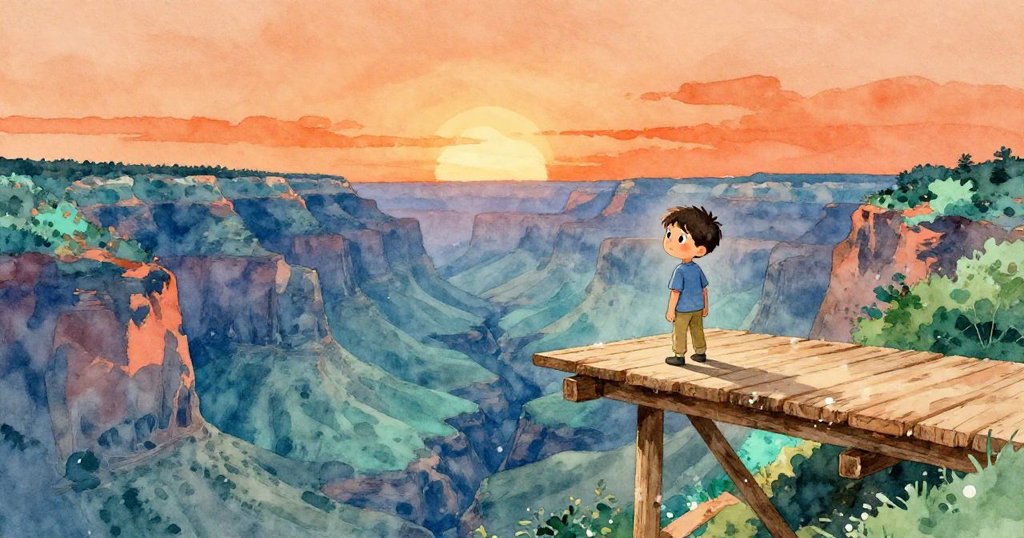小李站在古舊木板上眺望峽谷, 夕陽橙光映照, 表情充滿好奇與期待, 敘述故事開端的壯闊自然美景。