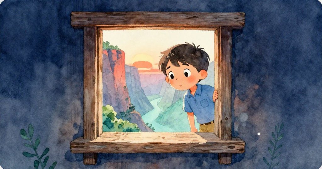 小李透過木板裂縫如窗之光, 驚訝地欣賞夕陽映襯下的峽谷, 表情充滿好奇與期待, 敘述發現神秘反光處的瞬間。