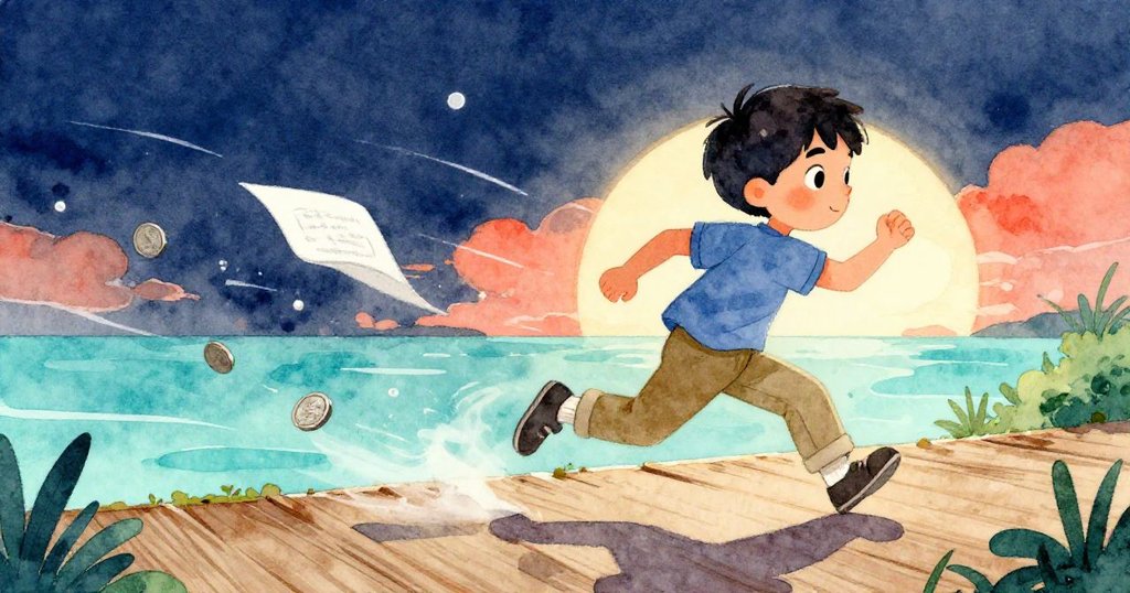 小李在風中急速追趕滾動的銀幣與飛舞畫紙, 臉上充滿緊張與興奮, 敘述劇情高潮冒險場面的動感瞬間。