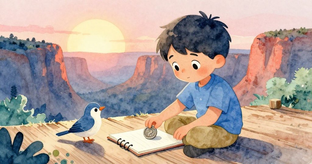 小李溫柔地將銀幣放在畫本旁, 與小鳥同慶自然與夢想重聚, 臉上滿懷微笑與安寧, 敘述結局溫暖且和諧的場景。