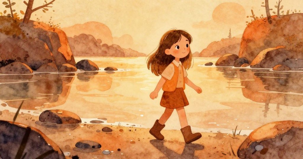 莉拉在傍晚的岩石潮池旁散步，柔和陽光映照下，她流露出平靜而期待的表情，展現故事開端情境。