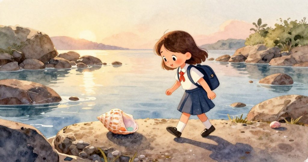 莉拉伸手觸摸著石頭上光滑且帶有隱色的貝殼，背景細膩展現潮池的質感與故事發展。