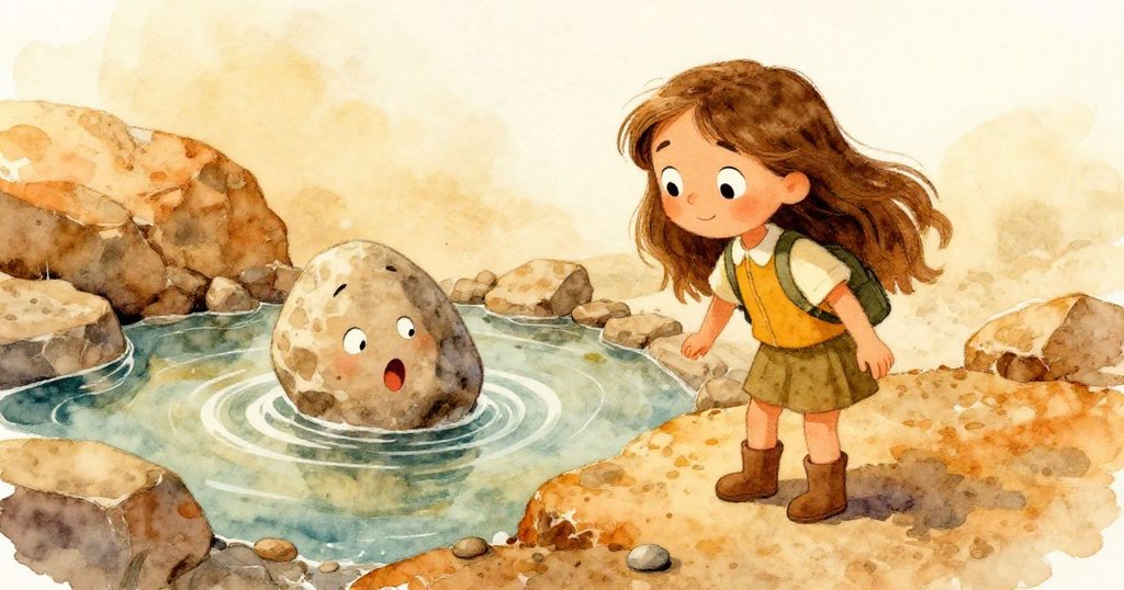 從高角度俯視，莉拉驚訝地注視著滾動的鵝卵石引起的石塊傾覆，水花飛濺展現動態變化。