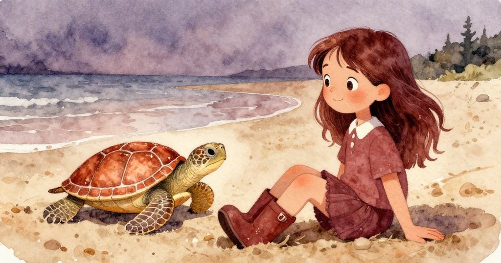 莉拉跌坐在涼爽的沙灘上，水珠閃爍中一隻烏龜緩緩前行，展現溫馨落日下的寧靜情境。