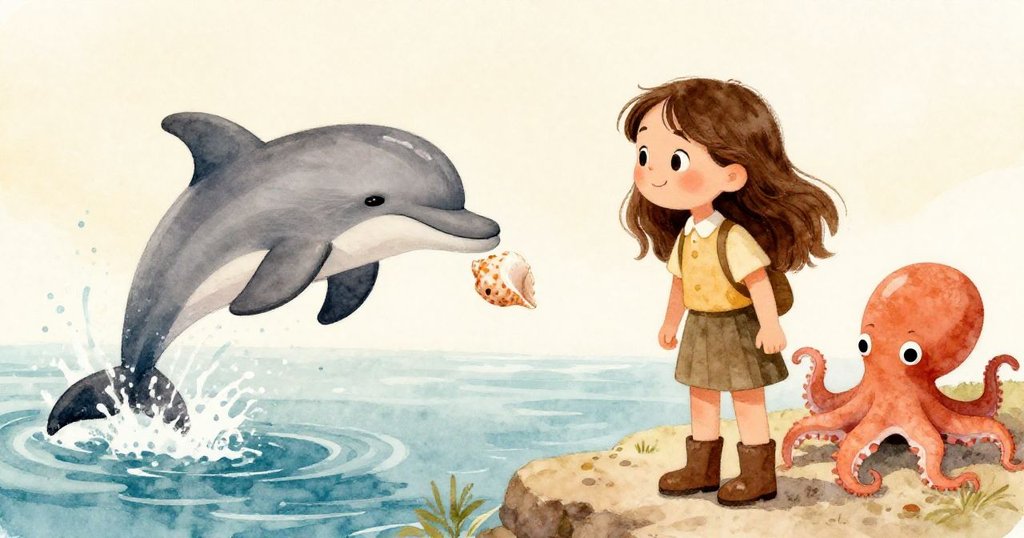 莉拉注目時，一隻灰色海豚躍出水面帶來歡快噴濺，貝殼向她移近，章魚調皮探出角落增添樂趣。