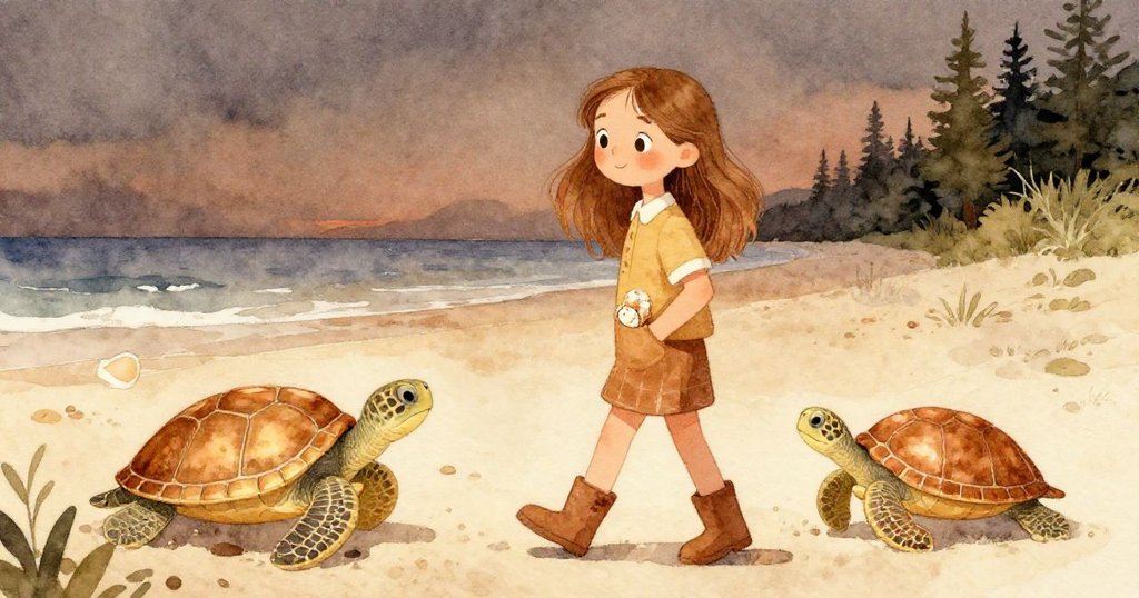 莉拉將貝殼收入衣袋後，沿著柔軟沙灘緩步回家，一隻烏龜靜靜停留，夜幕低垂展現安寧。