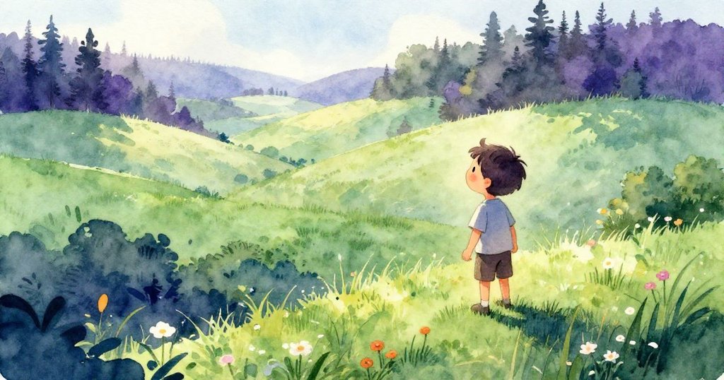 利亞姆站在山丘上手握紙飛機，眺望廣闊山谷與綠色草地，小花點綴其間，神情平靜且充滿期待。