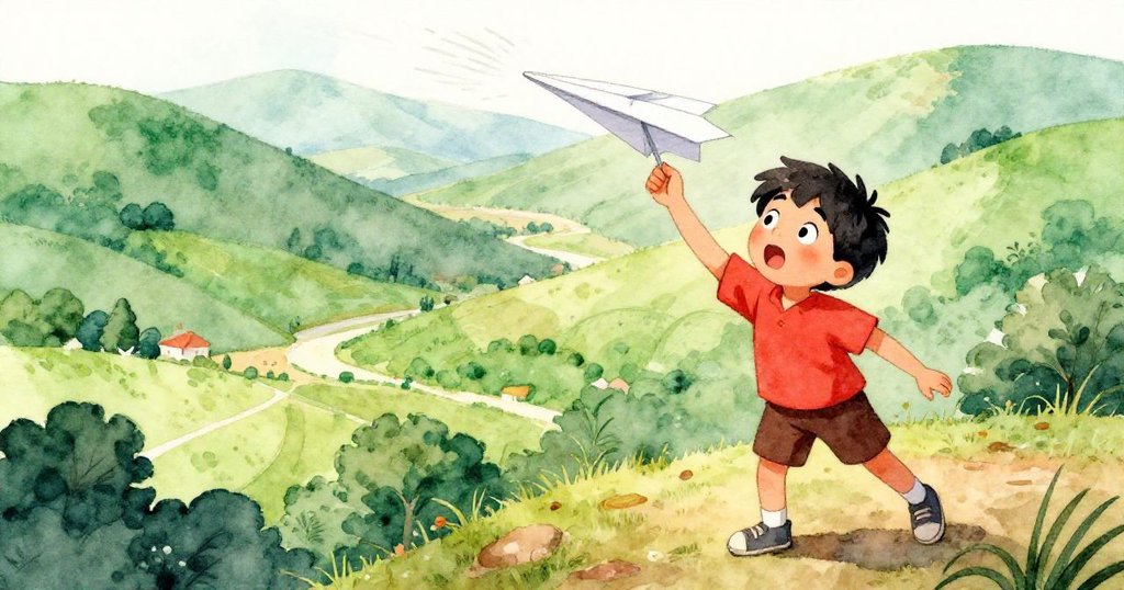 高空視角展示利亞姆從山丘上拋出紙飛機，強烈陣風使飛機扭曲飛行，整體動感十足，神情充滿驚奇與好奇。