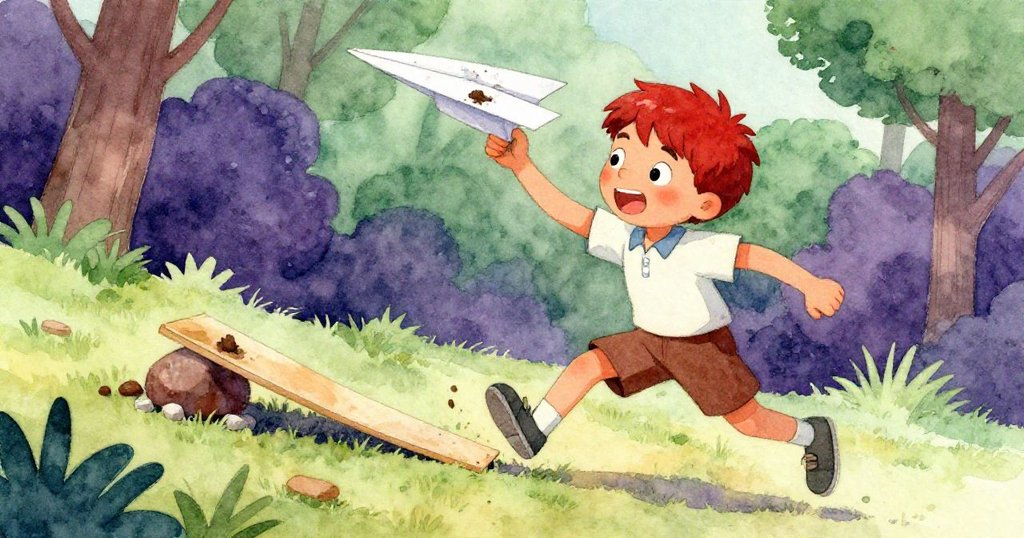 利亞姆奔向泥濘坡地奮力撿起髒污紙飛機，迅速擦拭後利用大石搭成斜坡，神情專注且充滿決心。