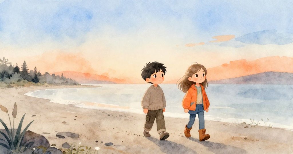 Leo與Maya在晨曦中走進海濱保護區，望遠鏡和筆記本在手，神情充滿好奇與期待，背景低垂海天。