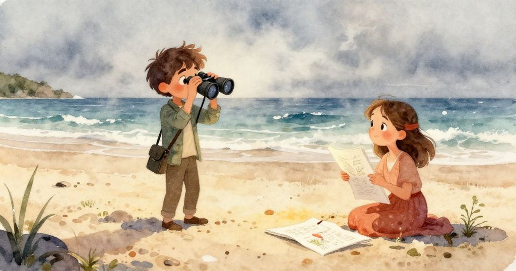 Leo手持亮麗望遠鏡，Maya筆記本上細節清晰，兩人專注探索自然奧秘，背景呈現柔和藍灰調。