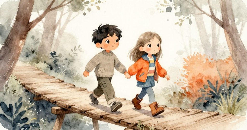 Leo與Maya在木橋上小心行走，腳步輕盈且充滿期待，身旁草叢搖曳，環境散發淡灰與橙光神秘感。