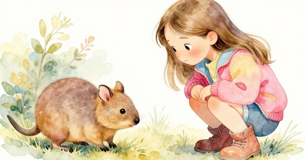 Maya蹲下注視近靴旁的小quokka，臉上驚喜與溫柔交織，背景灌木和葉片隱約，定格神秘瞬間。