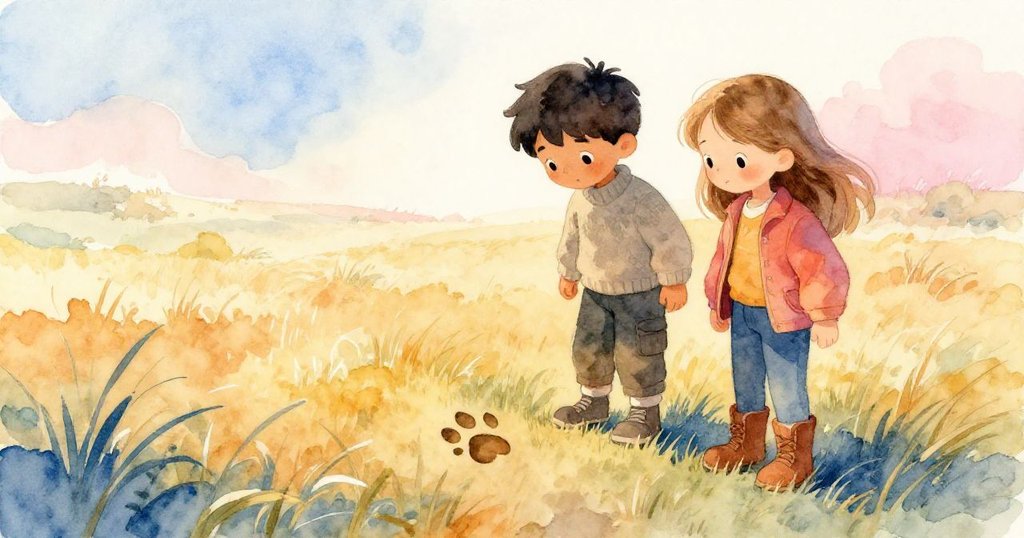 Leo與Maya靜立在寬闊草地上，注視著一個圓形爪痕，神情平靜而溫柔，周遭散發著金黃與藍光。