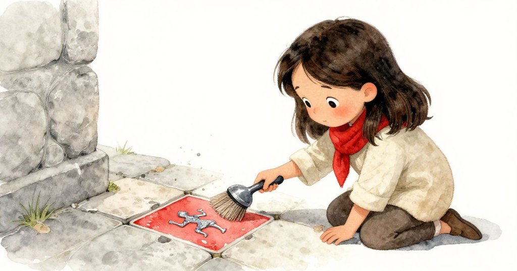 米拉蹲下仔細清理瓦片，用袖子輕刷時發現閃亮的銀色騎士圖案，臉上寫滿驚喜與專注之情。