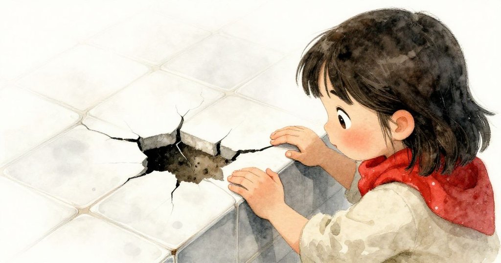 從上方俯視米拉細觸瓦片邊緣，引發細裂露出塵埃空隙，她的專注動作及神情展現出探索未知的勇氣。