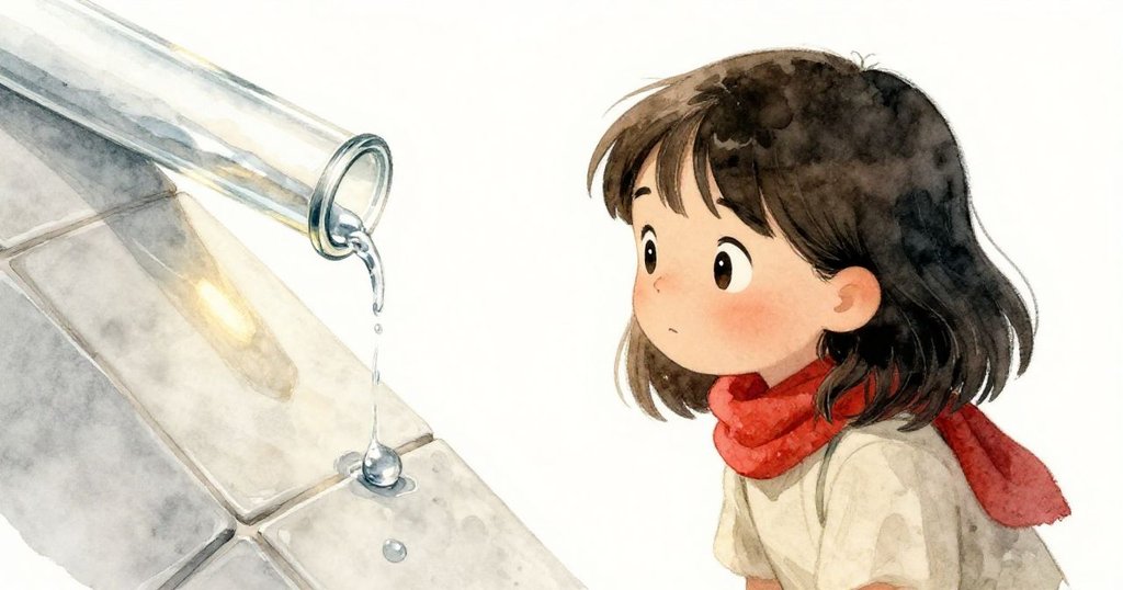 隨著金色晨光灑落，米拉注視著破損玻璃管中汞珠緩流，她的眼神中透露出對變化與時間流逝的細膩感受。